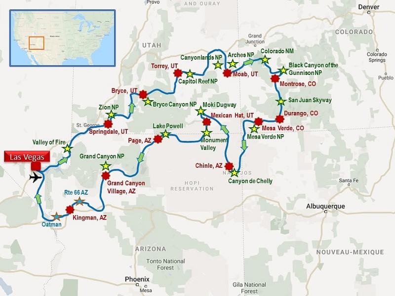 C'est parti pour un grand tour des plus beaux parcs nationaux du Sud de l'Utah, de l'Arizona et du Colorado, avec Las Vegas dans le viseur. Des couleurs plein les yeux !