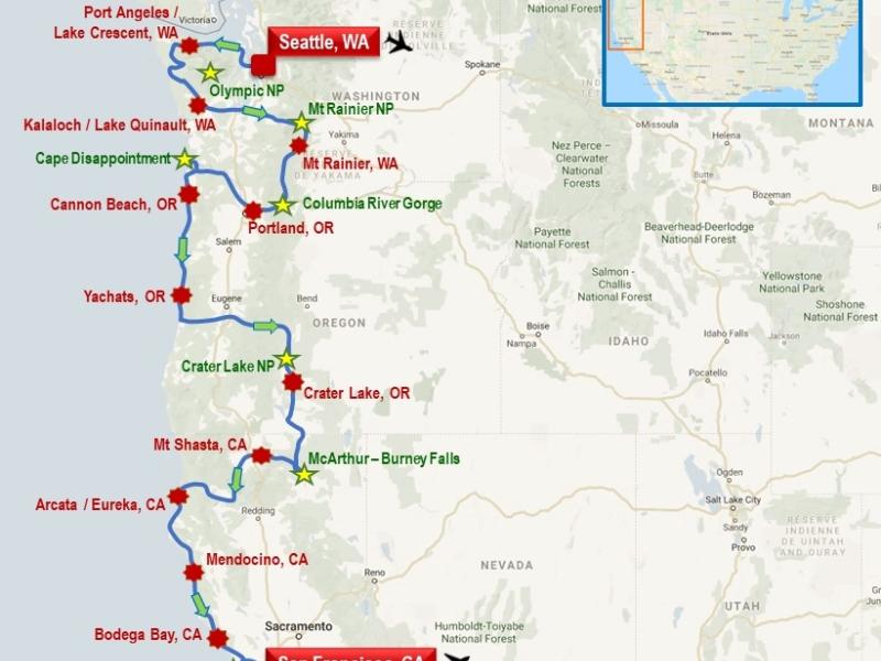 Avec Seattle, le parc Olympique, le Mt Rainier, les gorges de la Columbia, Portland, la côte de l'Oregon et Crater Lake, puis la Californie, avec Shasta, Bodega Bay et san Francisco. 