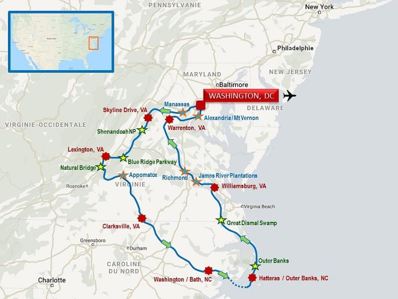 Au départ de Washington, cap sur la Shenandoah et les Blue Ridge, avant la côte de Caroline du Nord et les îles Outer Banks, et la Virginie, avec ses champs de bataille