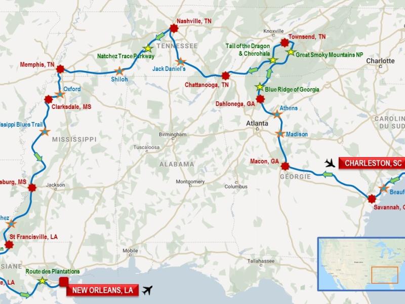 Une plongée aux racines du Vieux Sud... Celui des plantations de coton, du blues, de la country, du jazz et des bayous... Un périple initiatique au départ de Charleston.