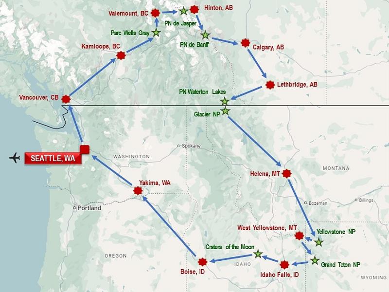 Les Rocheuses US et canadiennes. Avec Seattle, Vancouver, Grand Teton, Yellowstone, Glacier, Waterton Lakes, Banff et Jasper. Accompagnement francophone.