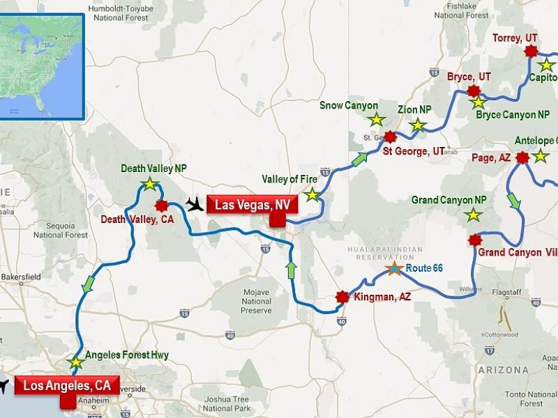 Les routes et parcs mythiques de l'Ouest américain au départ de Las Vegas, avec Bryce Canyon, Monument Valley & Grand Canyon. Fin à Los Angeles.