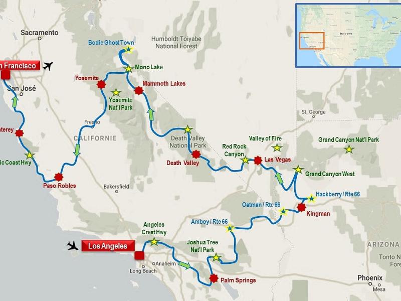 La Californie, avec une partie de la mythique Rte 66, Joshua Tree, Grand Canyon West, Las Vegas, Death Valley, Yosemite, la Pacific Coast Hwy, et San Francisco!