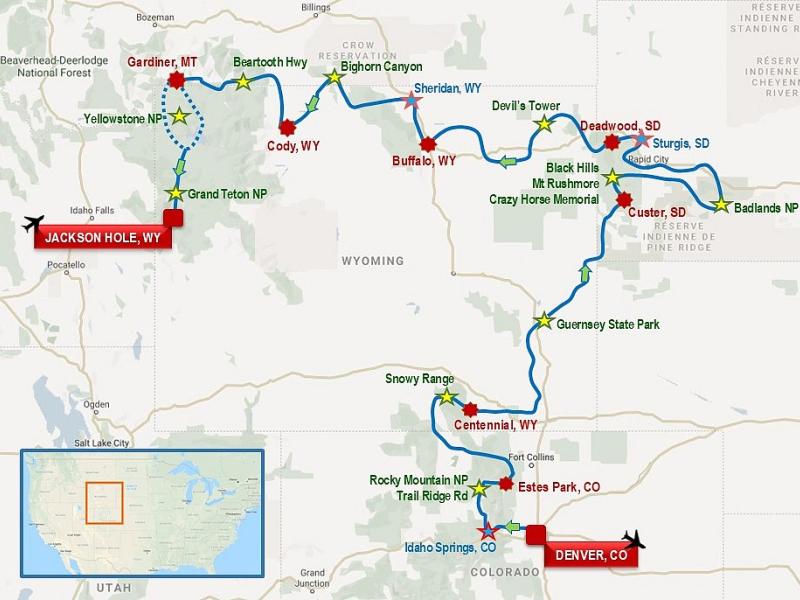 Au départ de Denver, les grands espaces du Colorado, du Dakota, du Wyoming et du Montana, jusqu'au fabuleux parc de Yellowstone, via la Beartooth Highway.