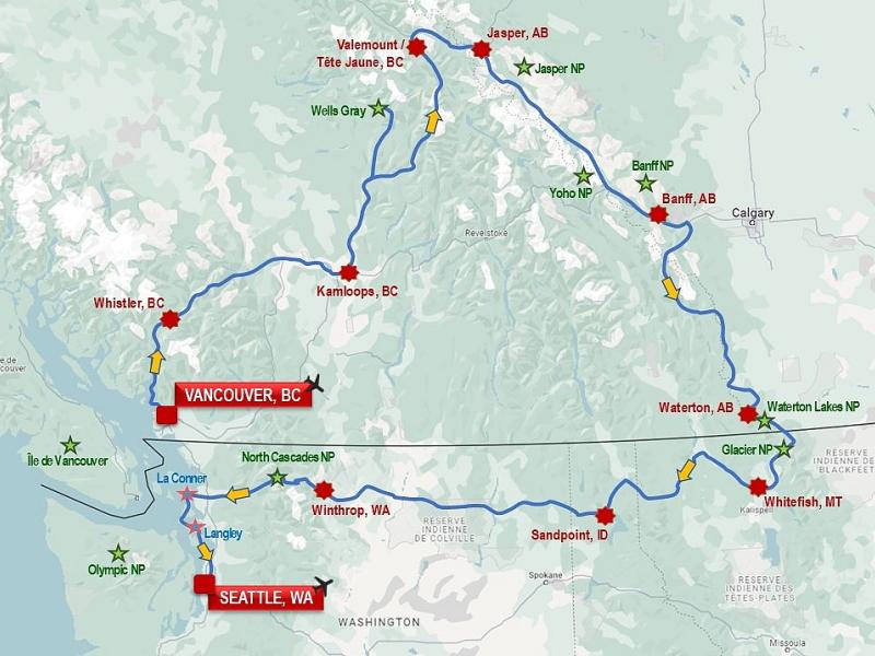 Au départ de Vancouver, les grands parcs du Nord-ouest canadien et américain : Jasper, Banff, Waterton, Glacier, North Cascades. Fin à Seattle.