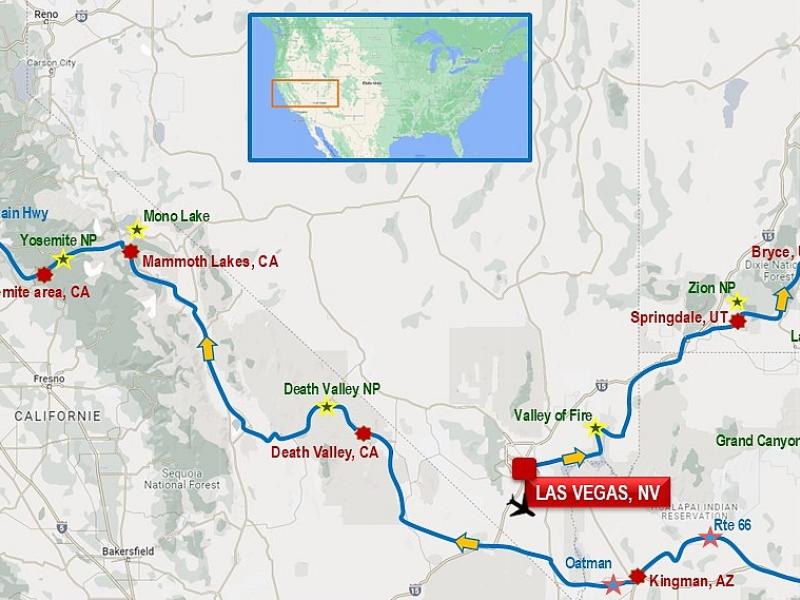 Les plus beaux parcs de l'Ouest, au départ de Las Vegas. Avec Bryce Canyon, Monument Valley, Grand Canyon, Death Valley et Yosemite. Fin à San Francisco.