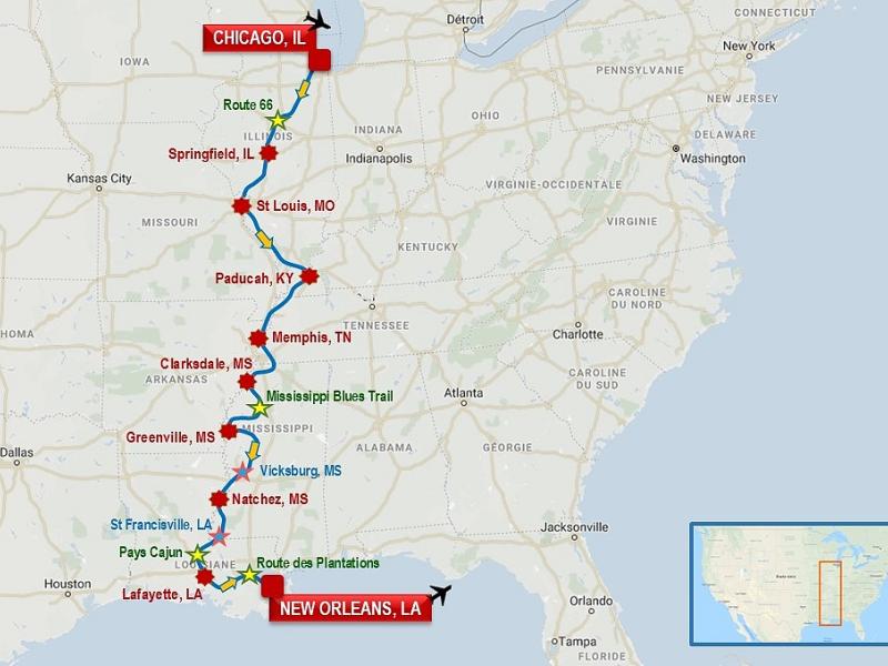 Au fil du Mississippi, les racines du blues. Un itinéraire en saveurs et en rythmes, autour du Blues, entre Chicago et New Orleans, avec Clarksdale et Memphis.