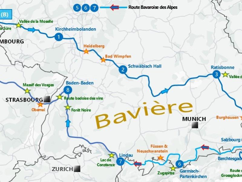 Avec Heidelberg, Ratisbonne, Salzbourg et sa région, la route allemande des Alpes, le Grossglockner et le Vorarlberg autrichien. Retour par le Bodensee et la Forêt Noire.