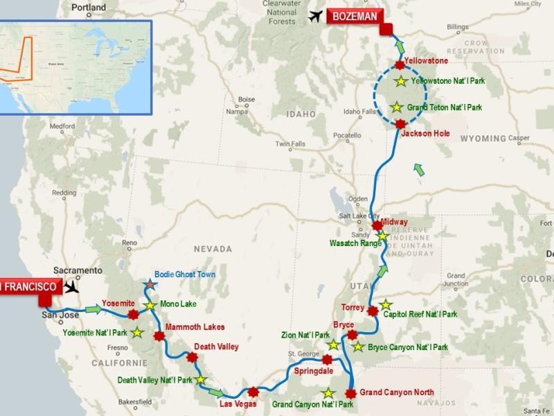 Les plus beaux parcs de l'Ouest, de San Francisco à Yellowstone, avec Yosemite, Death Valley, Vegas, Zion, Grand Canyon, Bryce, Grand Teton... Et Yellowstone!