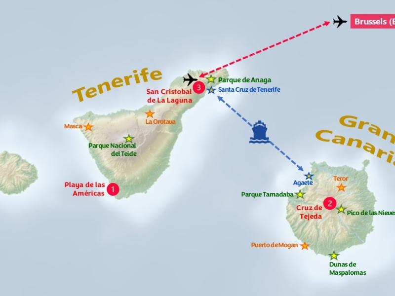 2 îles uniques et contrastées : Tenerife et le volcan Teide, plus haut sommet d'Espagne, et Gran Canaria, le 'continent miniature', entre forêts, calderas et falaises escarpées.