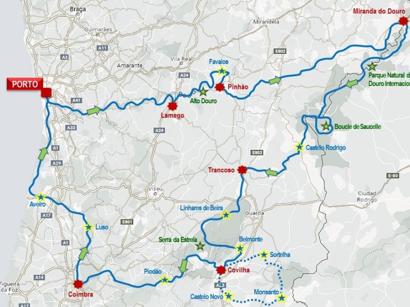 Au départ de Porto, le nord du Portugal, cet autre Pays des Mille Collines. Entre vignobles du Douro, routes de crète (Estrela), villages fortifiés, villes d'art (Coimbra) et montagne.