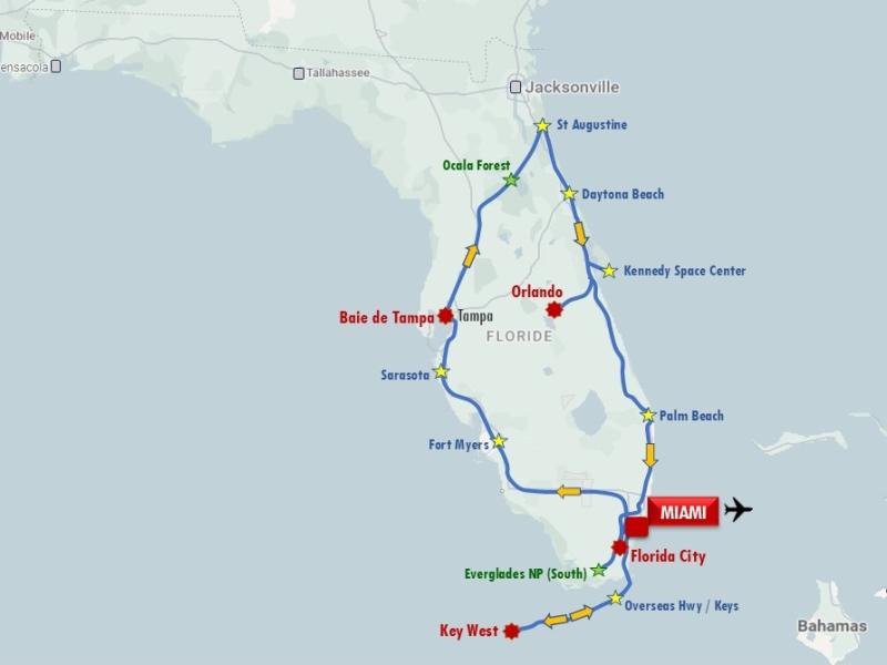 L'essentiel de la Floride, le 'Sunshine State', avec Miami, les Everglades, Tampa et sa baie, Orlando, le Kennedy Space Center, et Key West. Accompagnement francophone.