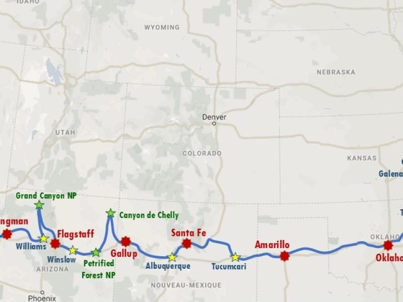 Un itinéraire exclusif, pour fêter le centenaire de la 'Mother Road', la Route 66. De Chicago à Los Angeles, via Santa Fe, Grand Canyon et Las Vegas. Accompagnement francophone.