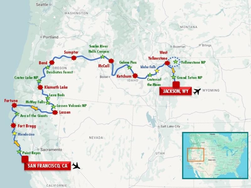 De San Francisco à Yellowstone par la Route des Volcans, entre Californie, Oregon, Idaho, Montana et Wyoming. Accompagnement Caribou Travel. Auto & moto!