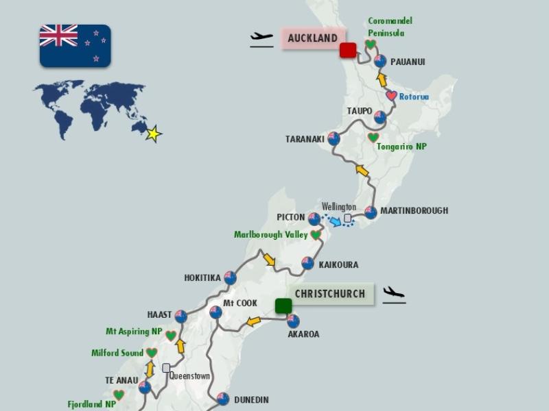 Tour map Grand Tour of New Zealand (5-27/4/2028)